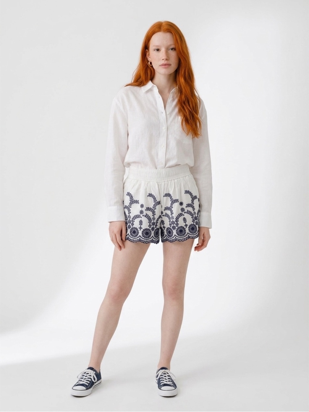 J. Crew White Scalloped Embroidered Shorts with Navy Detail